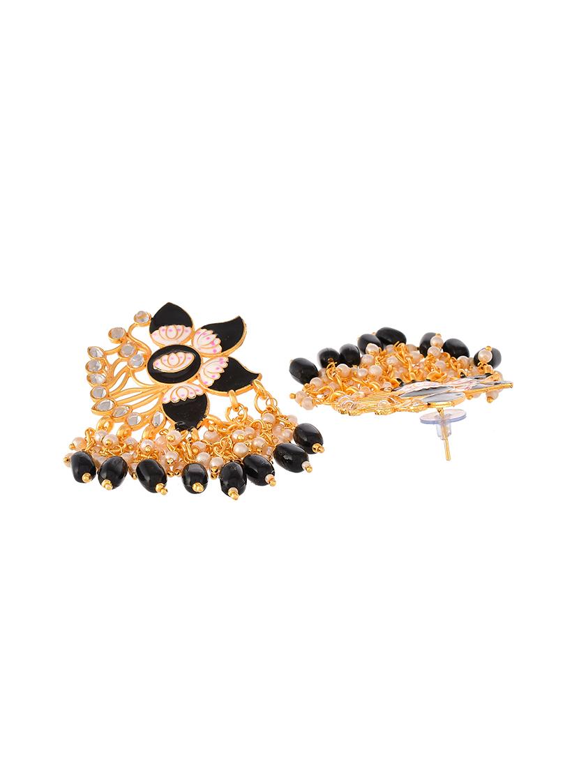 gold plated black toned handcrafted kundan studded floral drop earrings - 18382615 - Standard Image - 2