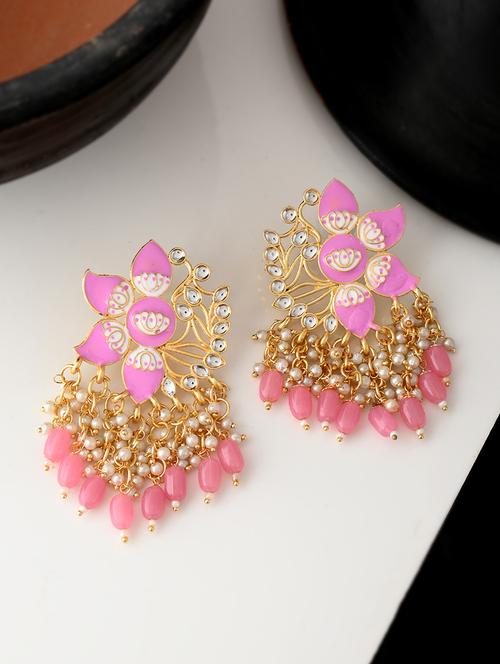 gold plated pink toned handcrafted kundan studded floral drop earrings - 18382616 - Standard Image - 0