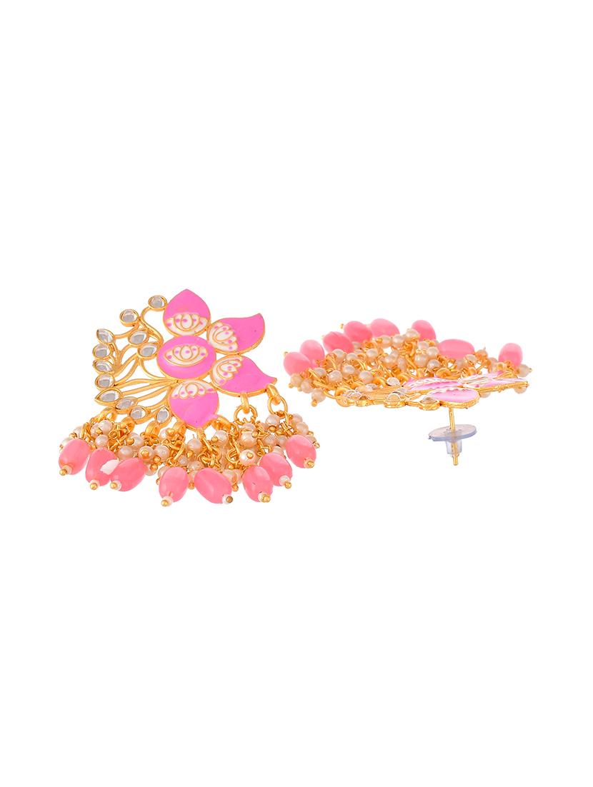 gold plated pink toned handcrafted kundan studded floral drop earrings - 18382616 - Standard Image - 2