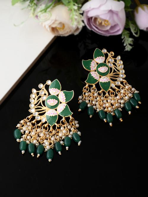 gold plated green toned handcrafted kundan studded floral drop earrings - 18382617 - Standard Image - 0