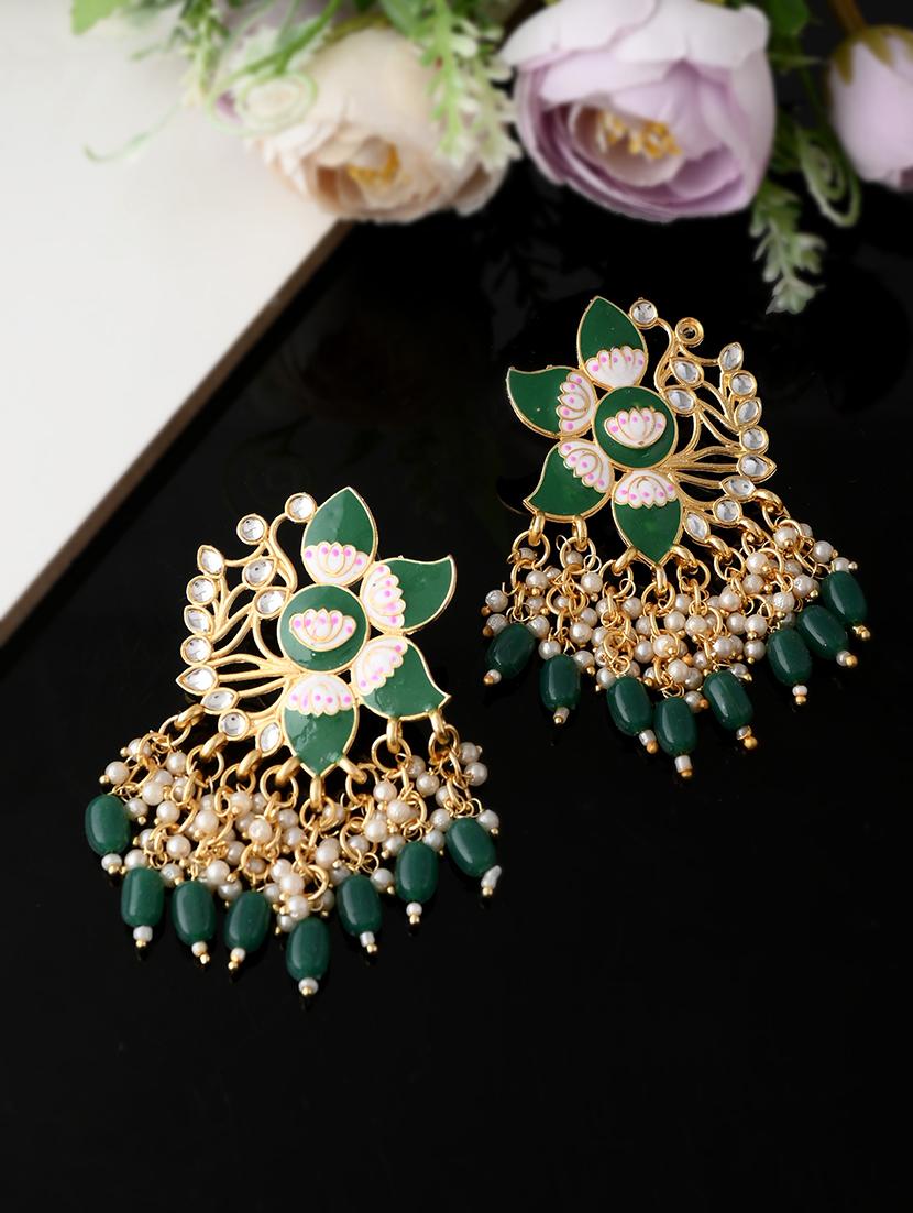 gold plated green toned handcrafted kundan studded floral drop earrings - 18382617 - Zoom Image - 0