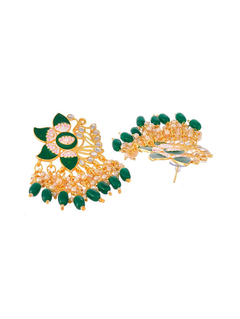 gold plated green toned handcrafted kundan studded floral drop earrings - 18382617 - Standard Image - 2