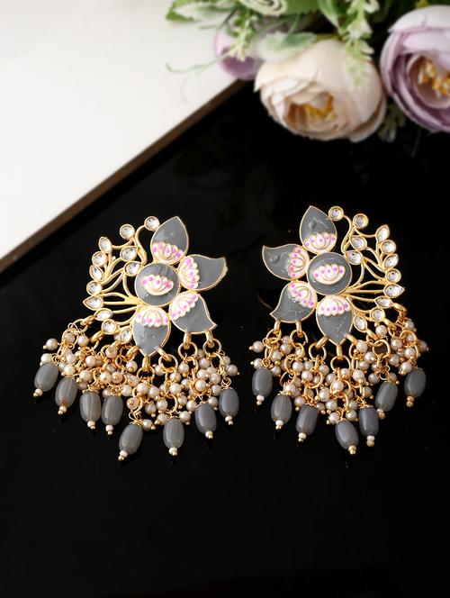 gold plated grey toned handcrafted kundan studded floral drop earrings - 18382618 - Standard Image - 0