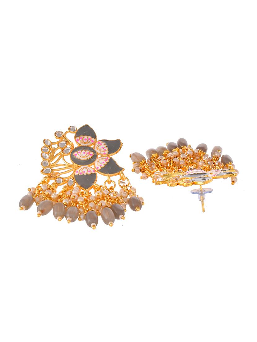 gold plated grey toned handcrafted kundan studded floral drop earrings - 18382618 - Standard Image - 2