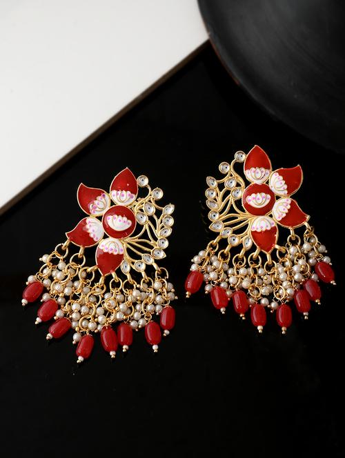 gold plated red toned handcrafted kundan studded floral drop earrings - 18382619 - Standard Image - 0