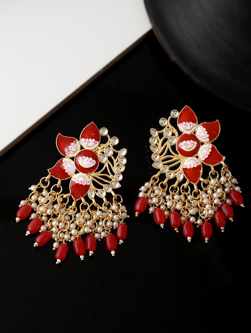 gold plated red toned handcrafted kundan studded floral drop earrings - 18382619 - Zoom Image - 0