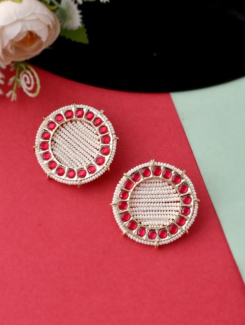 gold plated red & pearl beaded handcrafted stud earrings - 18382624 -  Standard Image - 0