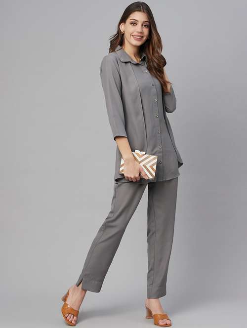 button up solid top and trouser set - 18382726 -  Standard Image - 0