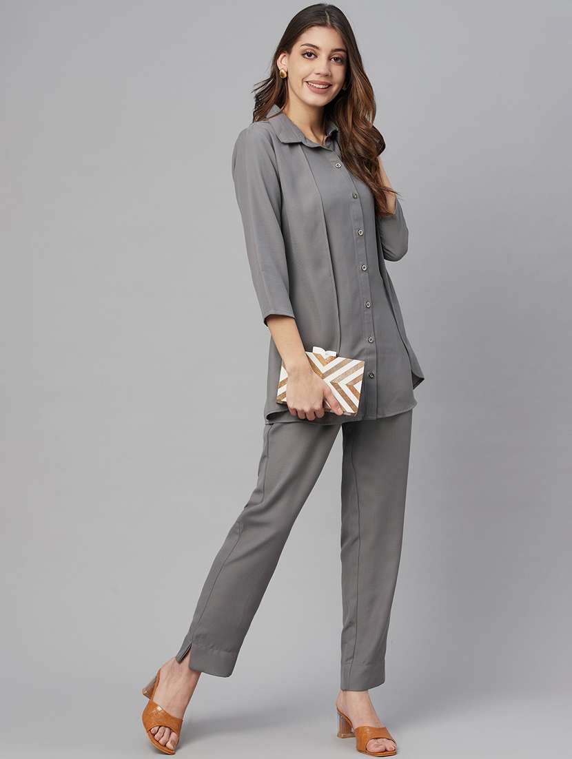 button up solid top and trouser set - 18382726 -  Zoom Image - 0