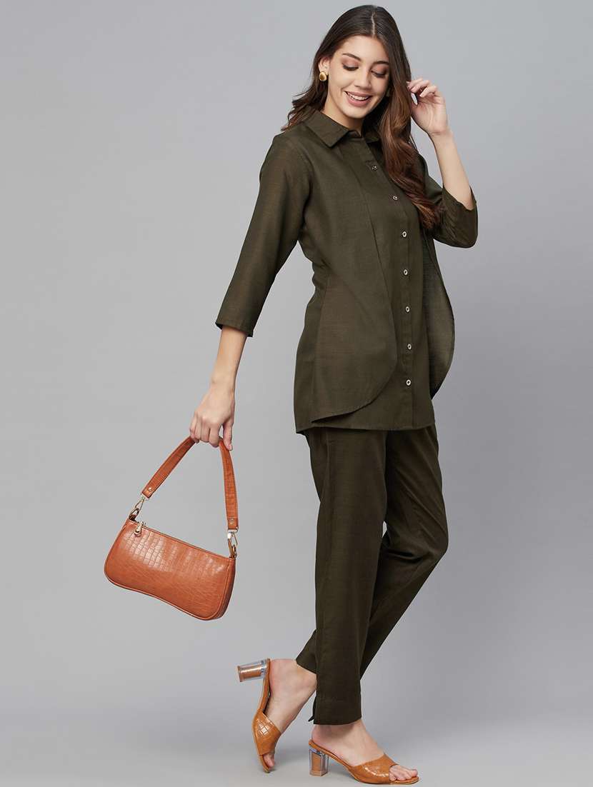 button up solid top and trouser set