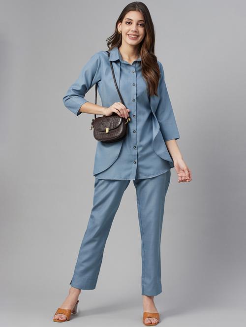 button up solid top and trouser set - 18382729 - Standard Image - 0