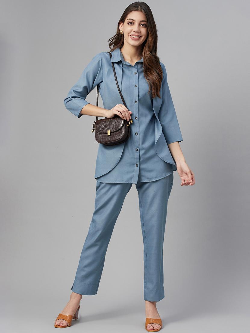 button up solid top and trouser set - 18382729 - Zoom Image - 0