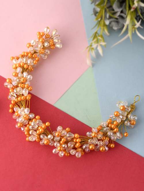 women gold & yellow colored handcrafted beaded hair tiara - 18382870 -  Standard Image - 0