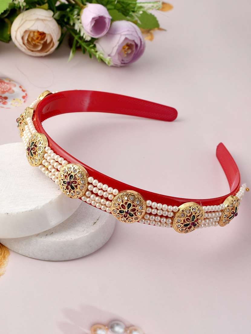 Gold Plated & Red Color Beaded Hair Band