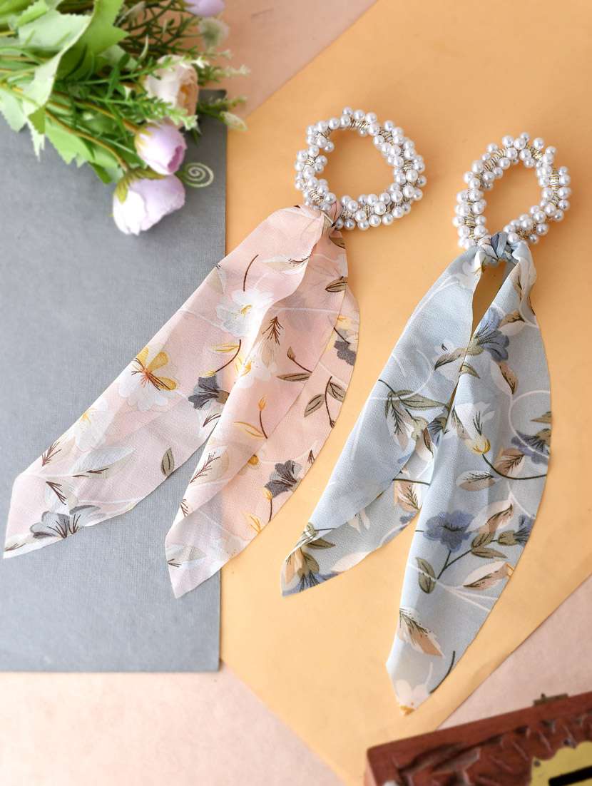 set of 2 pink & white pearl beaded printed ponytail holders