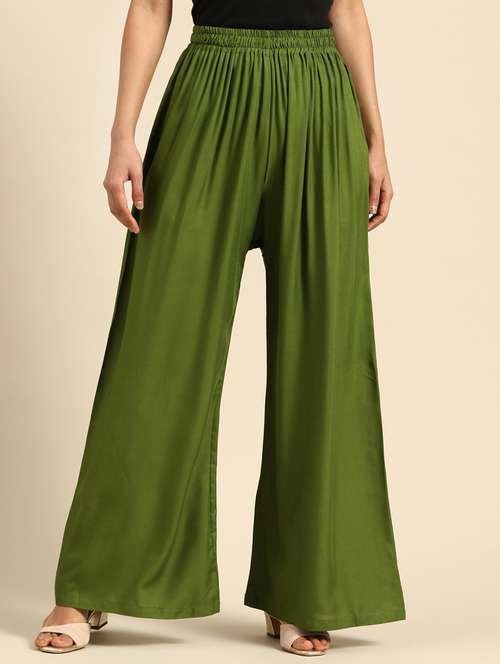 olive solid flared palazzo - 18383038 -  Standard Image - 0