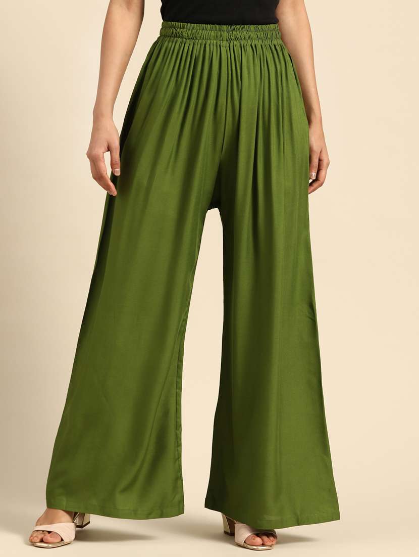 olive solid flared palazzo - 18383038 -  Zoom Image - 0