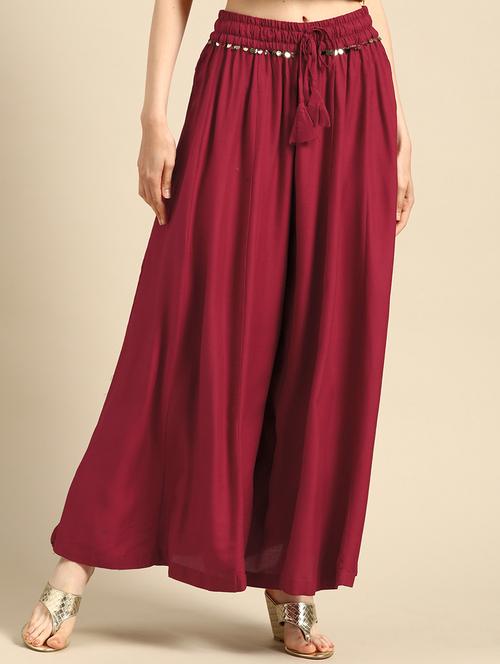 maroon flared palazzo - 18383044 -  Standard Image - 0