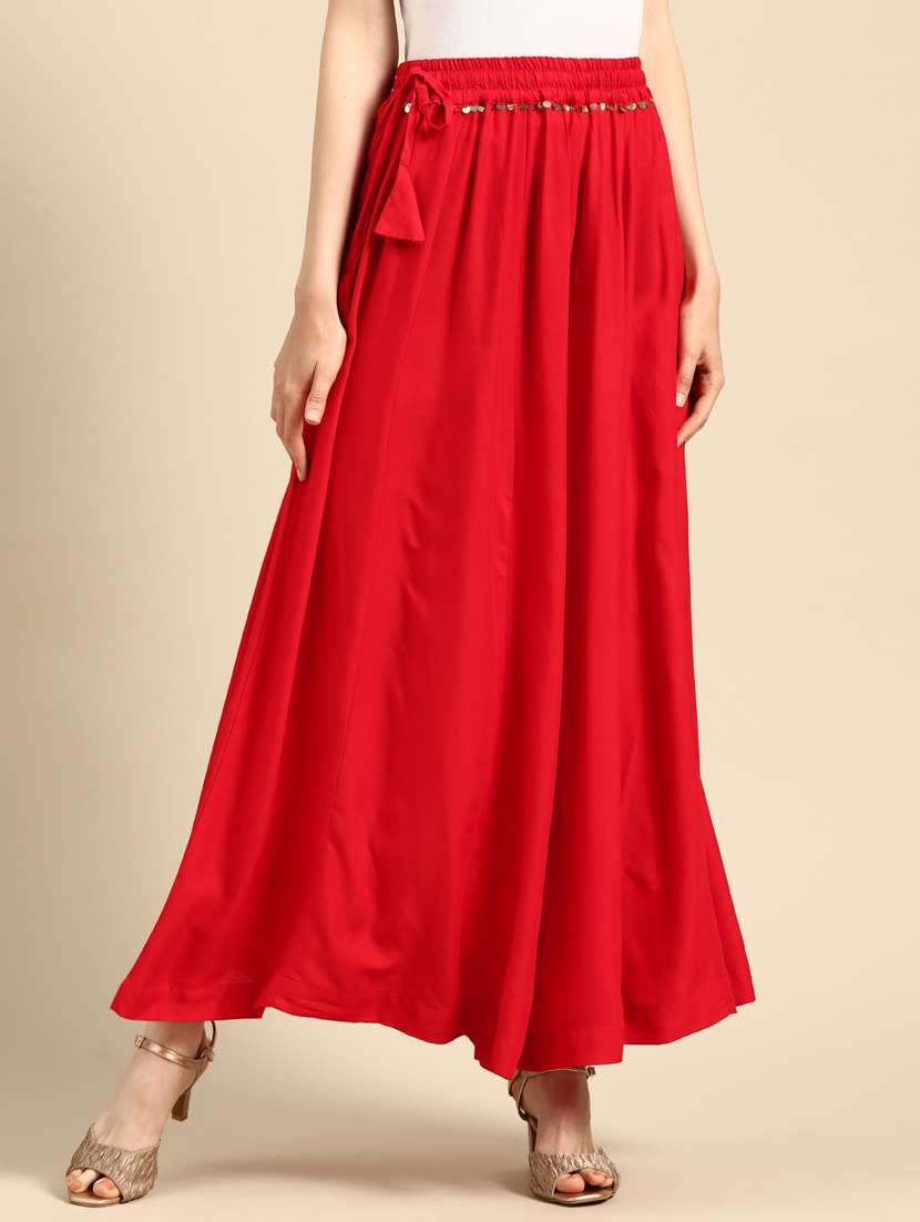 red rayon flared palazzo