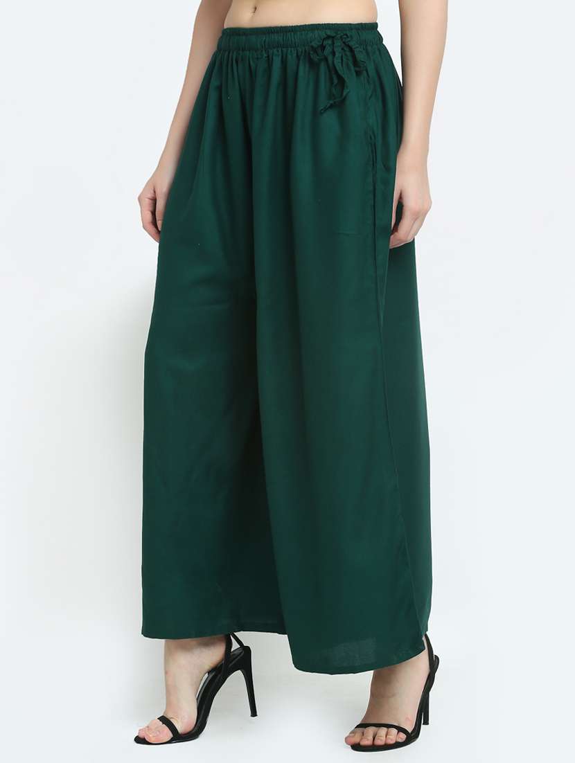 Green Solid Flared Palazzo - 18383100 -  Standard Image - 2