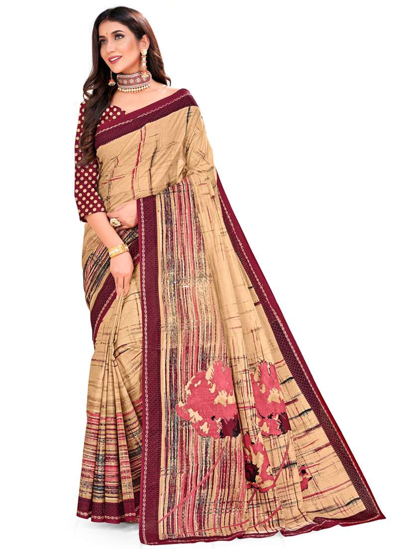 beige cotton printed saree with blouse