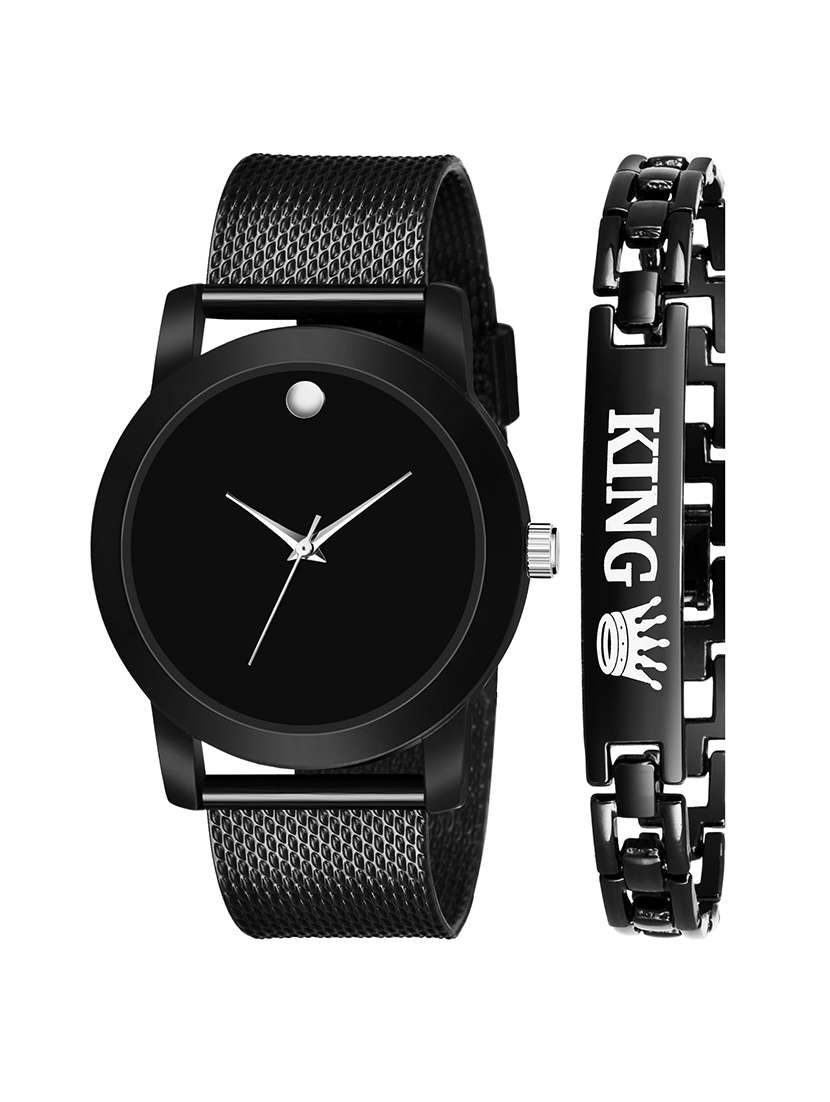 kajaru new fancy stylish - black pu strap & black king bracelet combo watch
