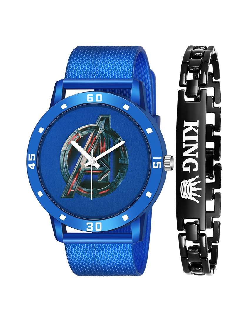 kajaru new fancy stylish - blue pu strap & black king bracelet combo watch