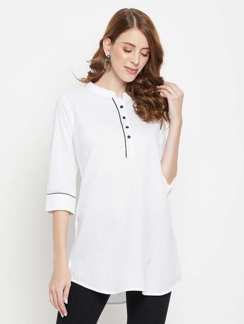 white mandarin neck solid tunic - 18384502 - Standard Image - 0