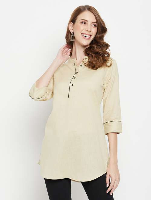 beige mandarin neck solid tunic - 18384503 - Standard Image - 0