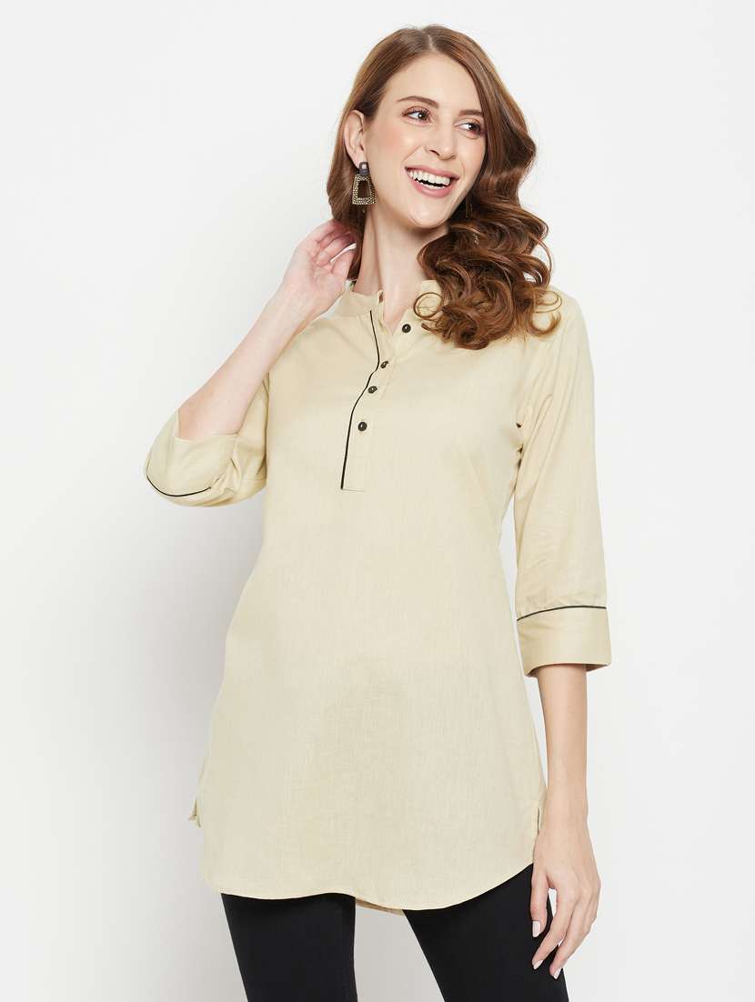 beige mandarin neck solid tunic - 18384503 - Zoom Image - 0