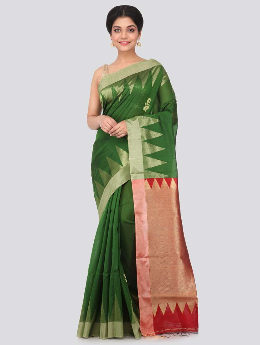green cotton silk handloom saree with blouse