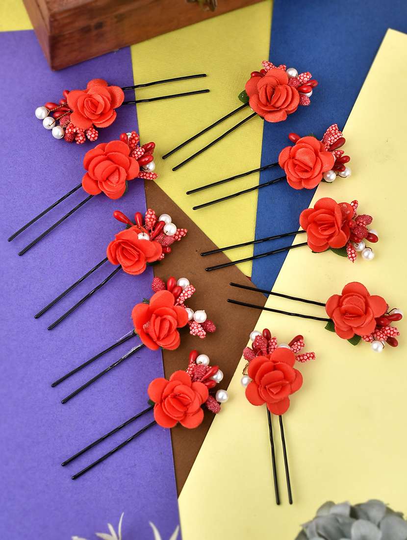 set of 10 women red flower embellished beaded u pins