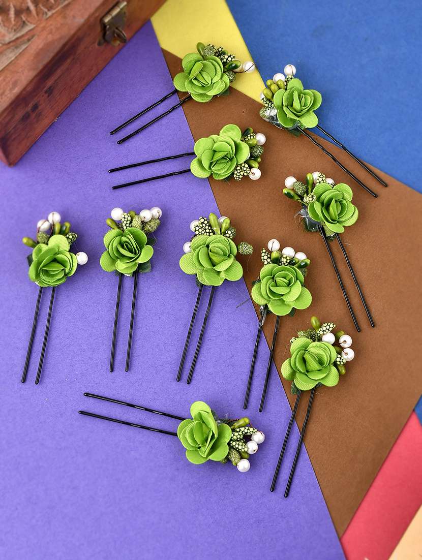 set of 10 women green flower embellished beaded u pins