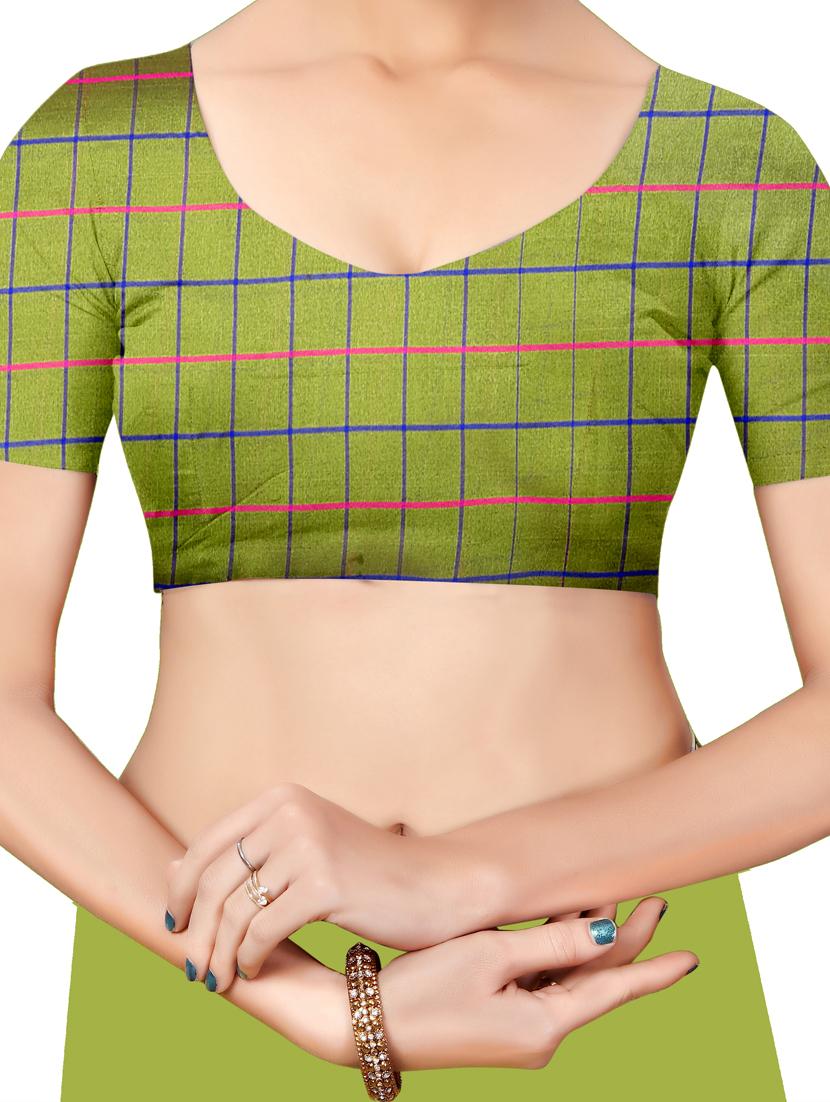 mehandi checkered chanderi saree with blouse - 18385484 - Standard Image - 2