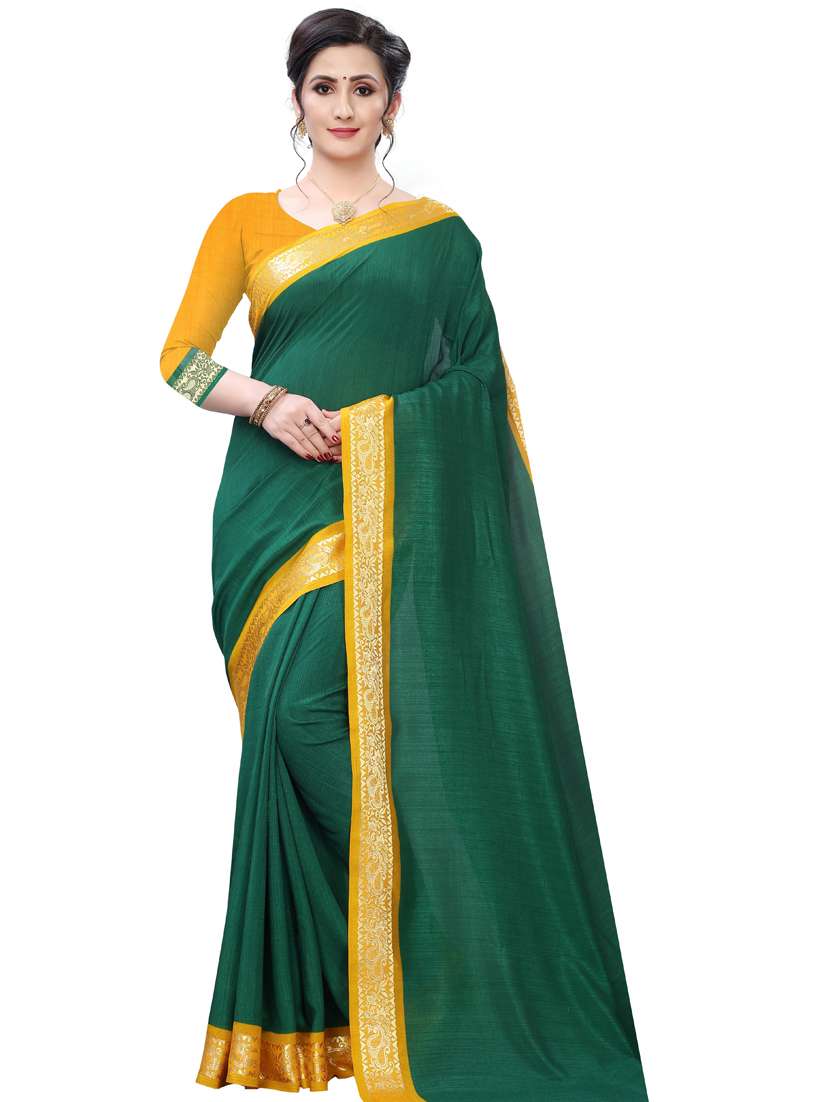 women's bordered dark green colored saree with blouse