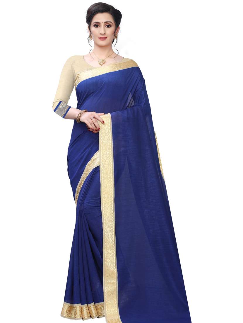 women's solid navy blue colored saree with blouse