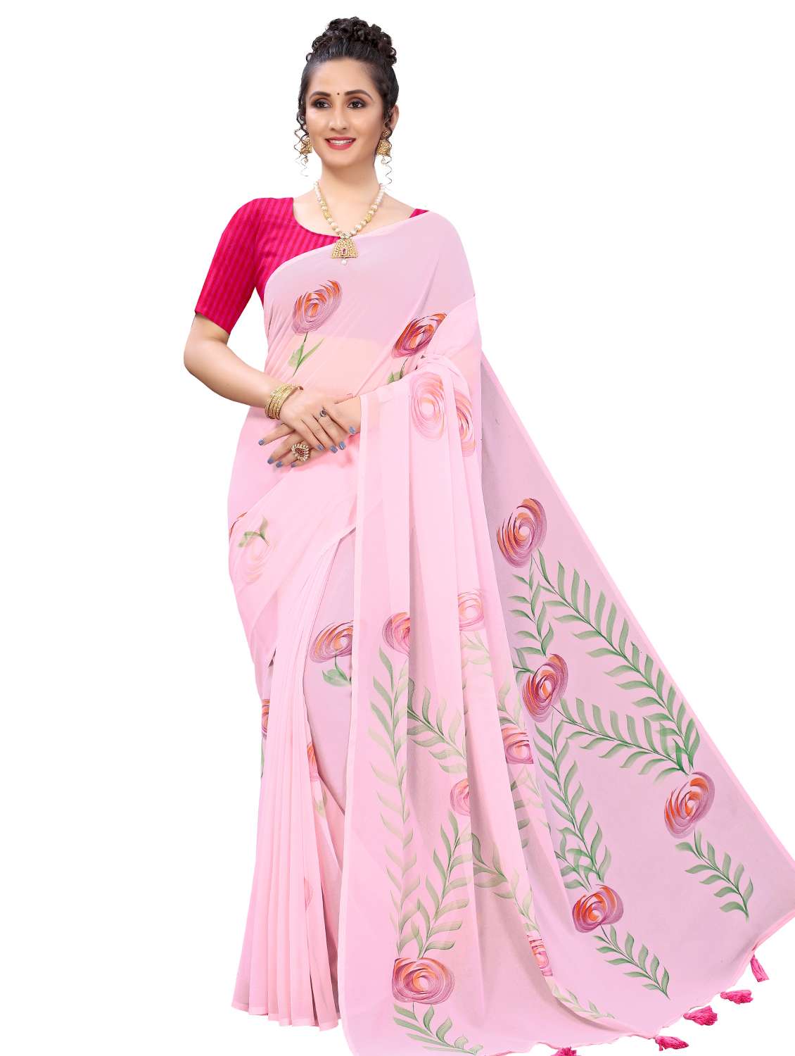 women's floral pink colored saree with blouse