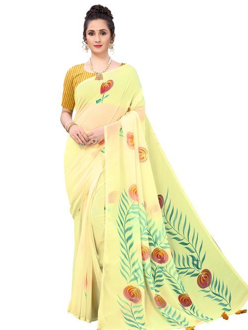 yellow georgette printed saree with blouse - 18385641 -  Standard Image - 0