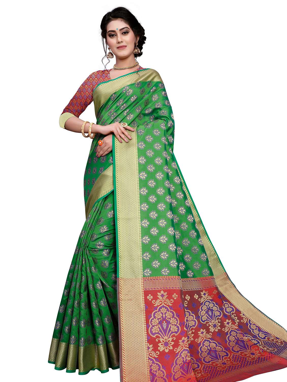 green silk blend saree with blouse