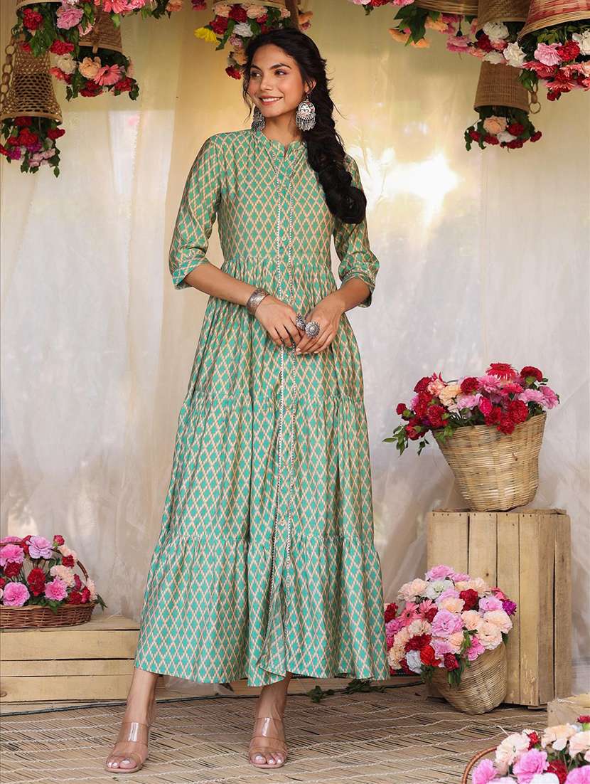 mandarin neck printed tiered ethnic dress