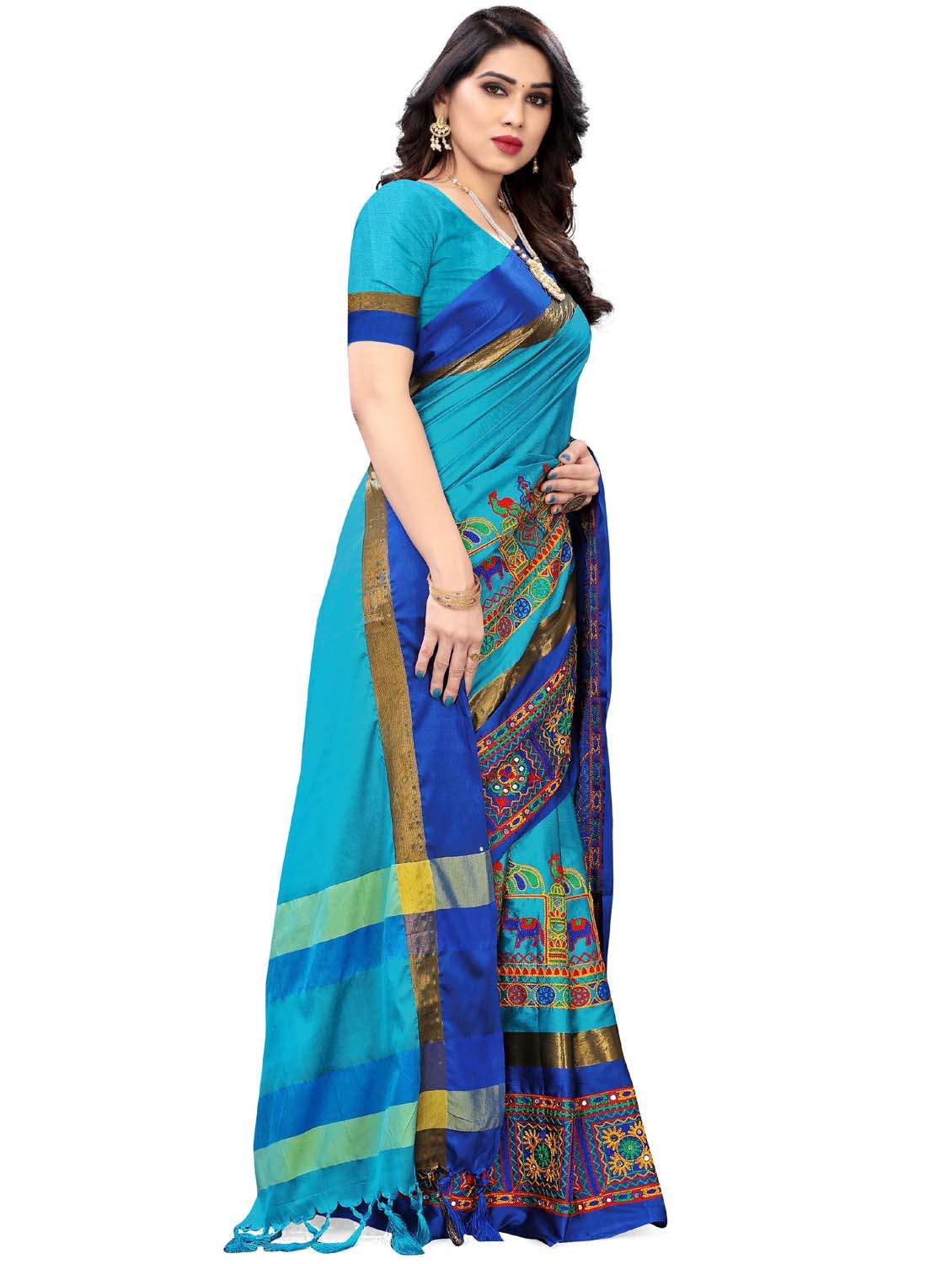 turquoise cotton silk embroidered saree - 18386744 - Standard Image - 2