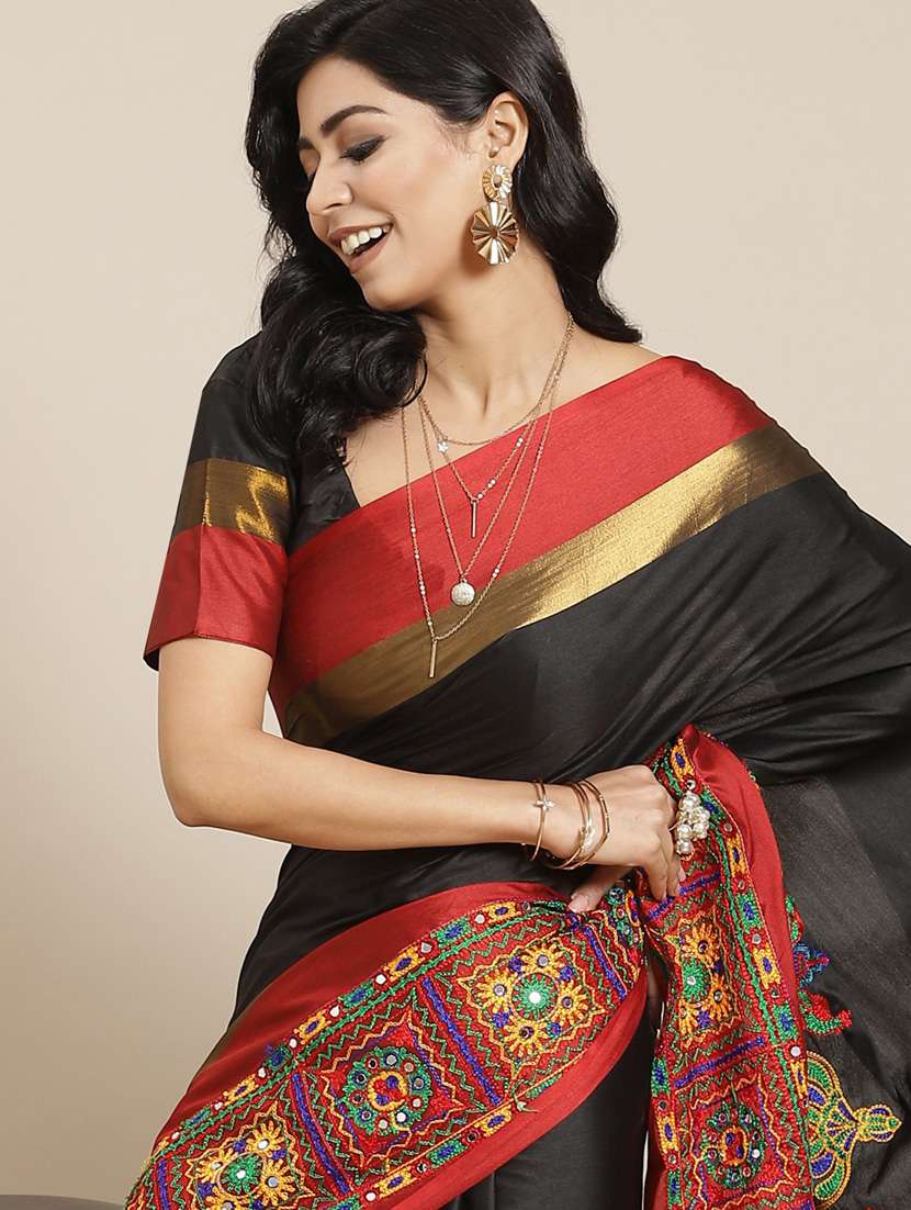 black cotton silk embroidered saree with blouse - 18386752 - Standard Image - 2