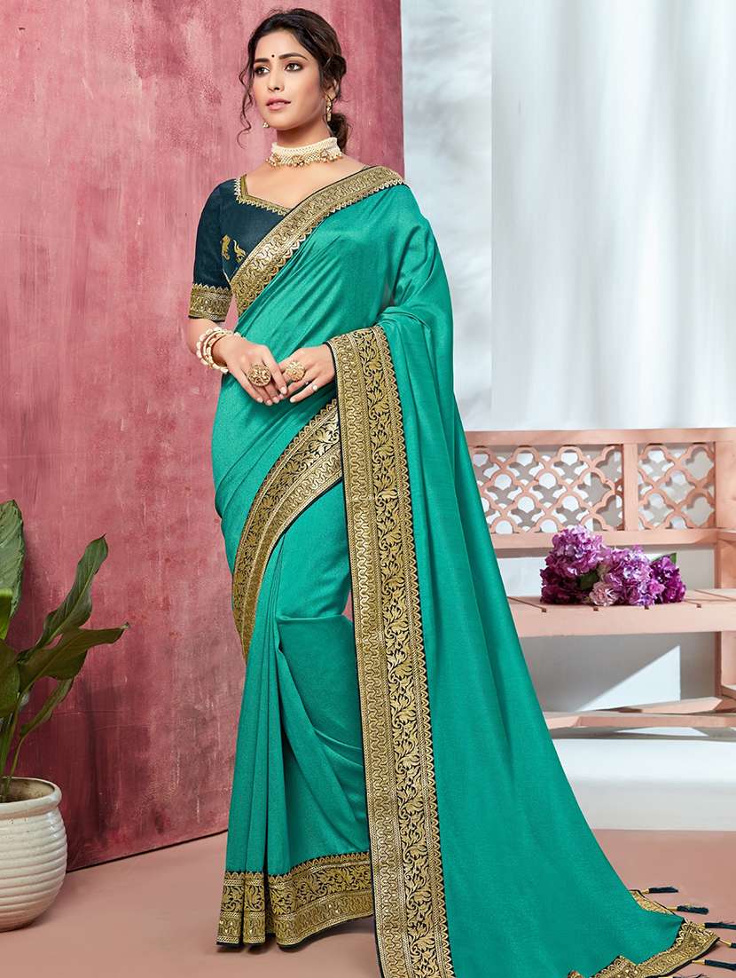 turquoise art silk embroidered saree with blouse