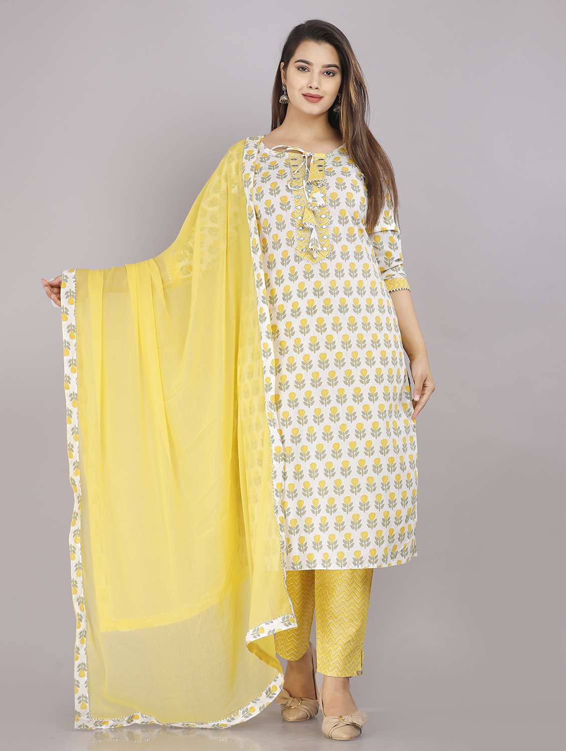 women three quarter sleeve kurta pant with dupatta set