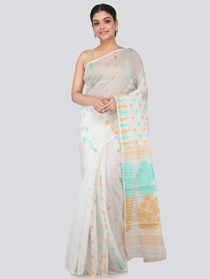white cotton blend jamdani saree
