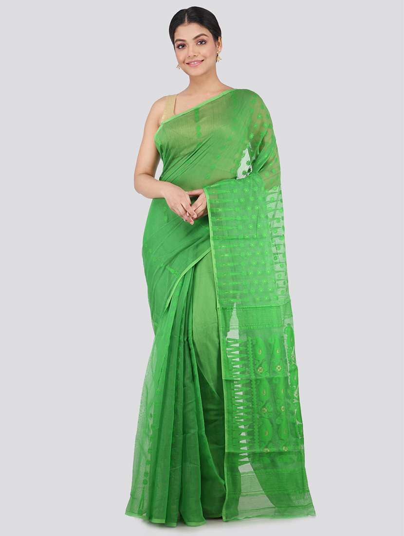 green cotton blend jamdani saree