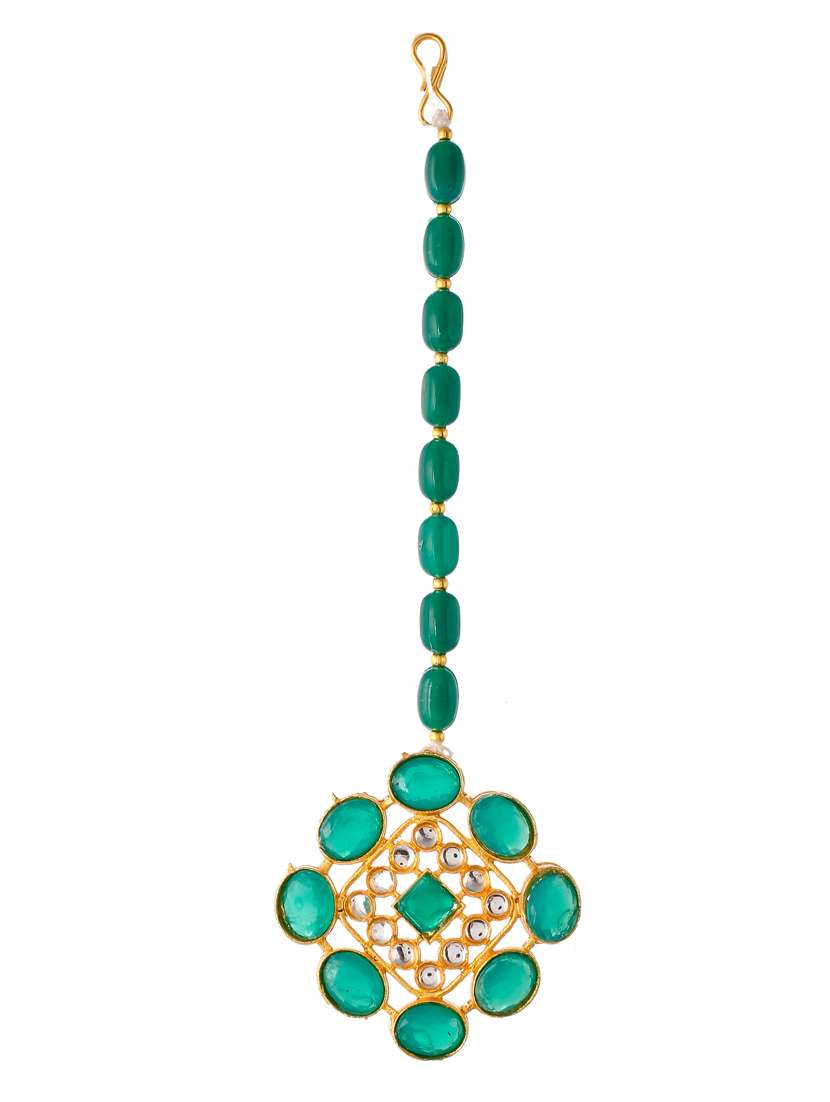 green brass necklace earring and maang tikka set - 18387622 - Standard Image - 2