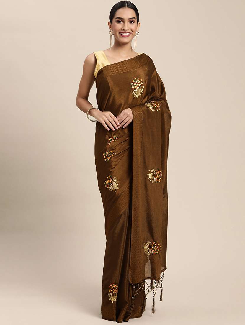 brown chiffon embroidered saree with blouse