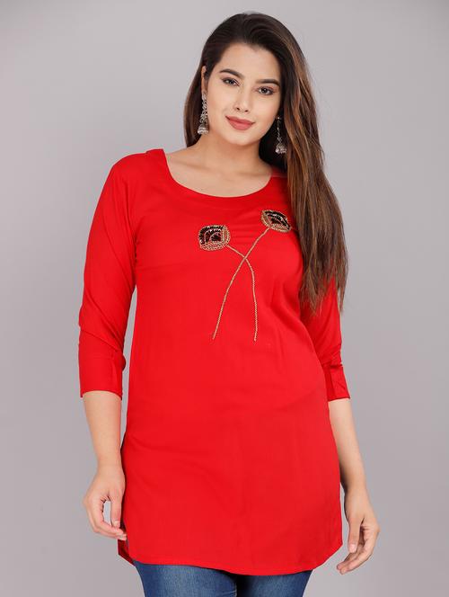 red embellished straight kurti - 18388773 - Standard Image - 0