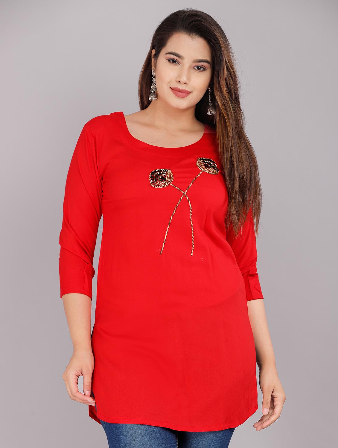red embellished straight kurti - 18388773 - Zoom Image - 0